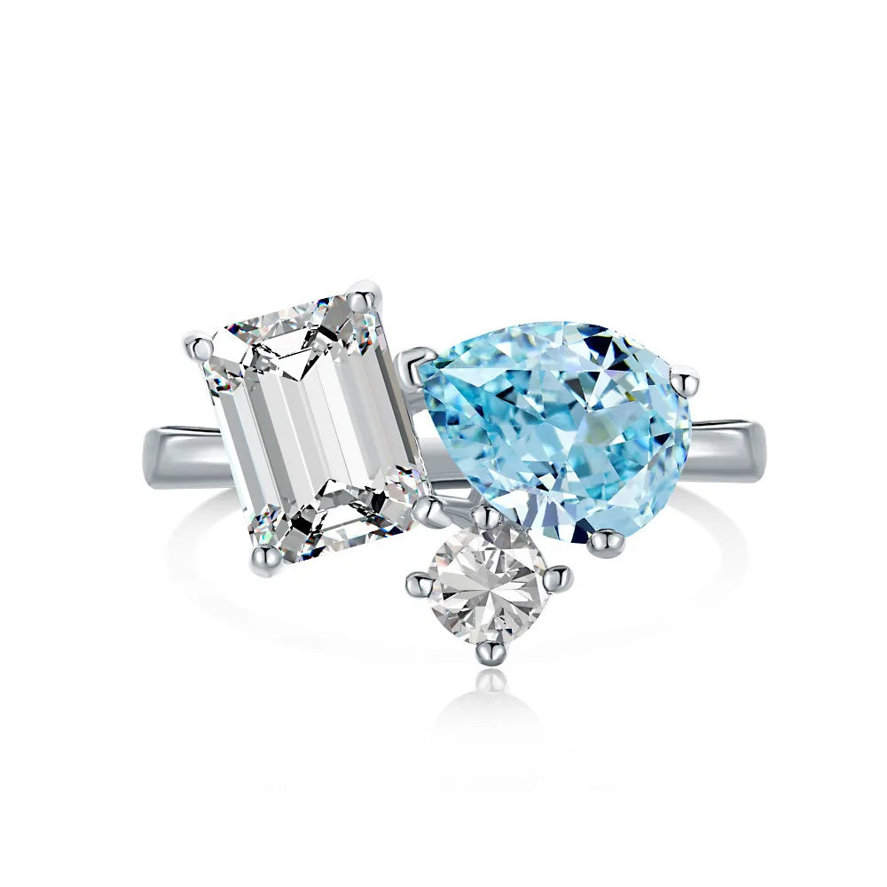 MuShan Jewelry Factory New Fashionable Sea Blue Irregular S925 Pure Silver Ring Women'S European and American Jewelry