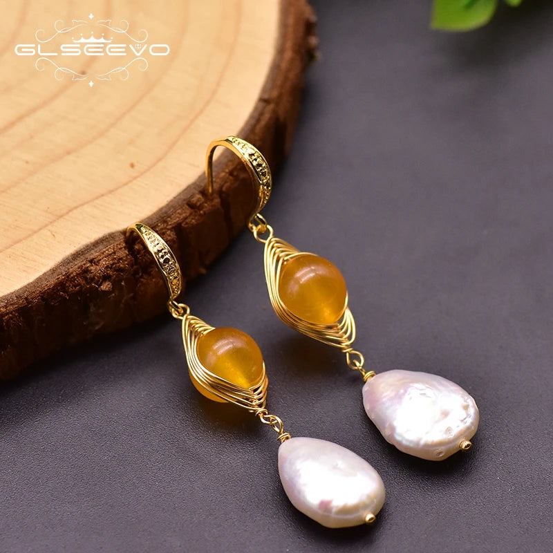 Natural Baroque Pearls Dangle Earring Yellow Jade Jewelry for Women Girl Birthday Gift  Earrings Bulk