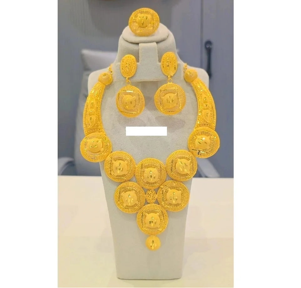 Royal Gold Plated Diamond 4-Piece Jewelry Set Women's Necklace Earrings Ring Engagement Anniversary Wedding Party Gift Indian