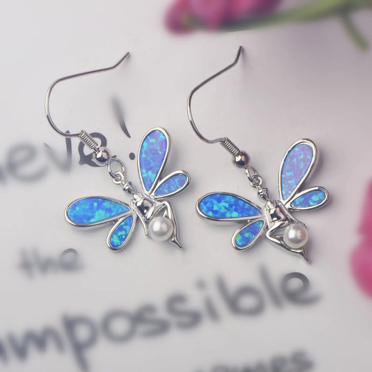Enchanted Fairy Opal Drop Earrings - Blue Fire Opal Wings & Pearl Accent Design | Whimsical Daily Jewelry Bulk Gifts
