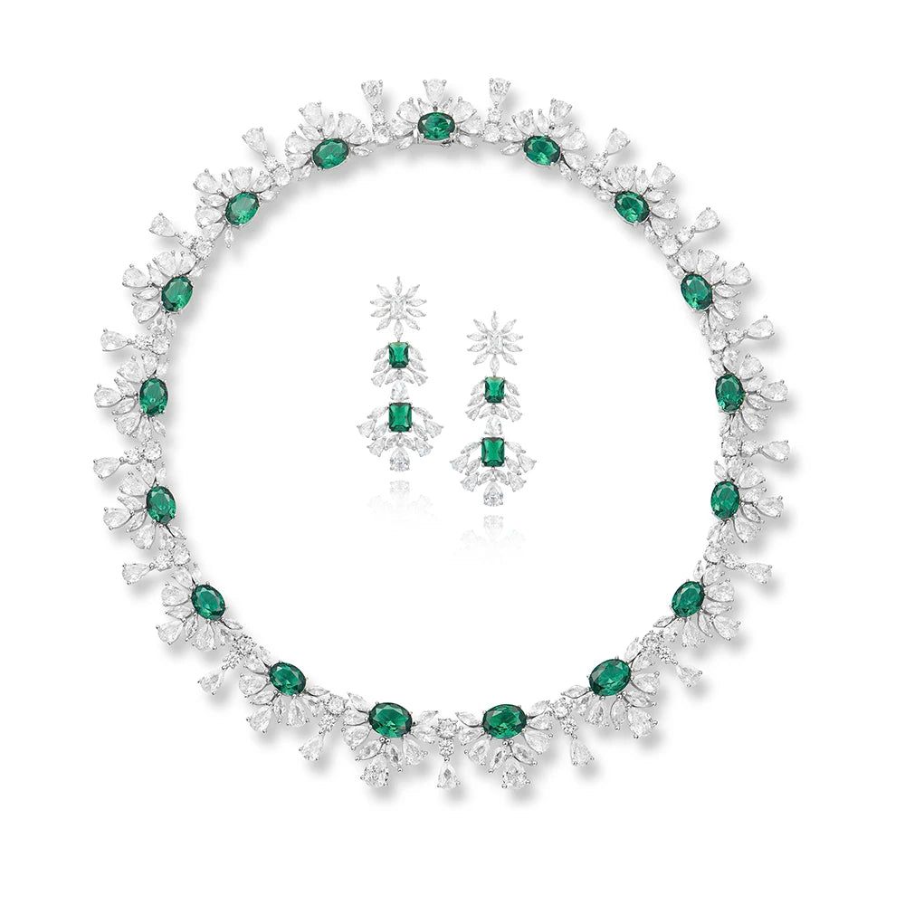 Wholesale Green Plated Brass Women's Evening Accessories Set Fashion Wedding Necklace Earrings Direct Sales Factory
