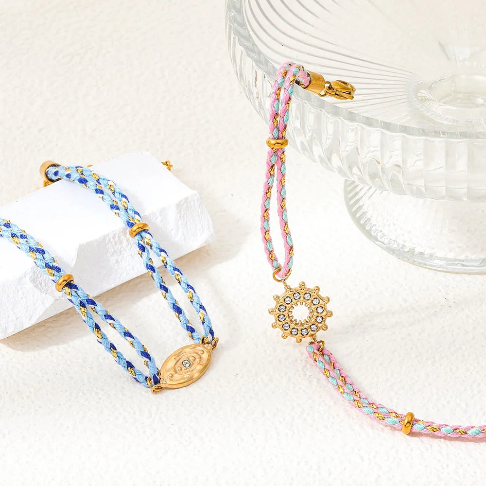 Joolim High End Gold Plated Waterproof Boho Woven Rope Sunburst Zirconia Pendant Stainless Steel Bracelet Wholesale Jewelry