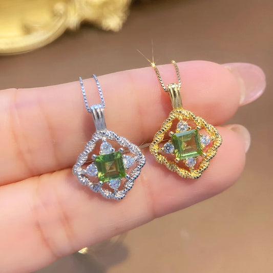 Gioiellieri Fashion Natural Peridot Necklace S925 Sterling Silver Inlay Simple Style Women Pendant Jewelry Anniversary Gift