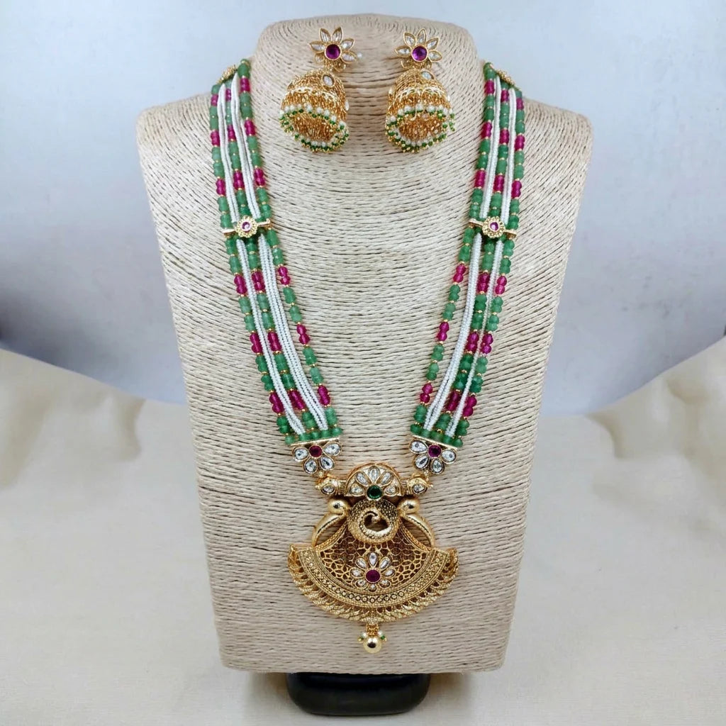 Premium Temple Long Beaded Necklace Set with Antique Gold Pendant Traditional Bridal Ethnic Jewelry for Women Gift