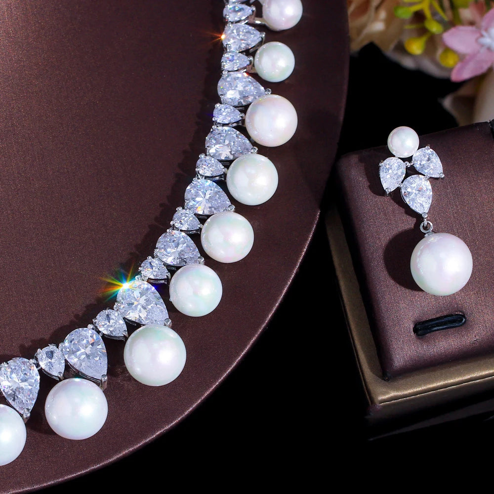 Bling Cubic Zirconia Big Simulated Pearl Necklace and Earrings Bridal Luxury Jewelry Set for Women Wedding Engagement Accessory