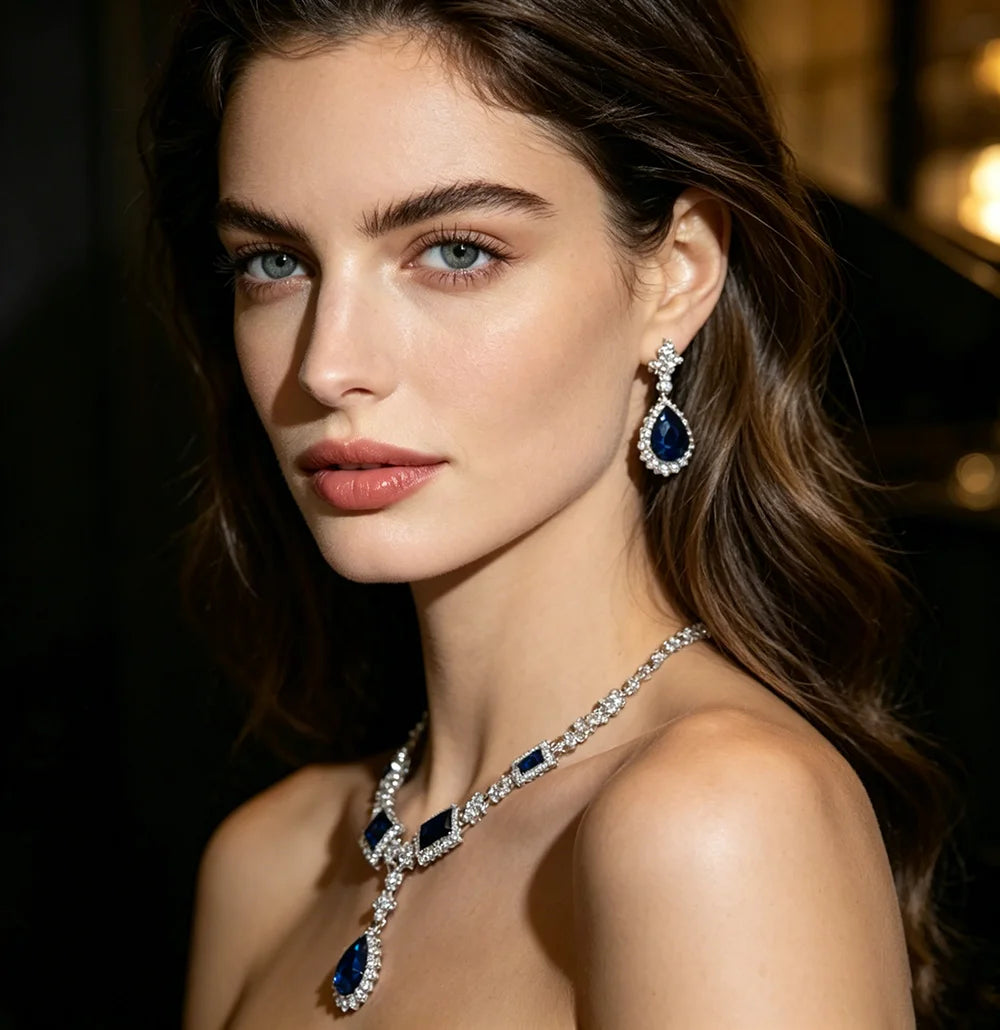 XM S365 Silver Plated Sapphire Blue Crystal Statement Necklace & Earrings Set