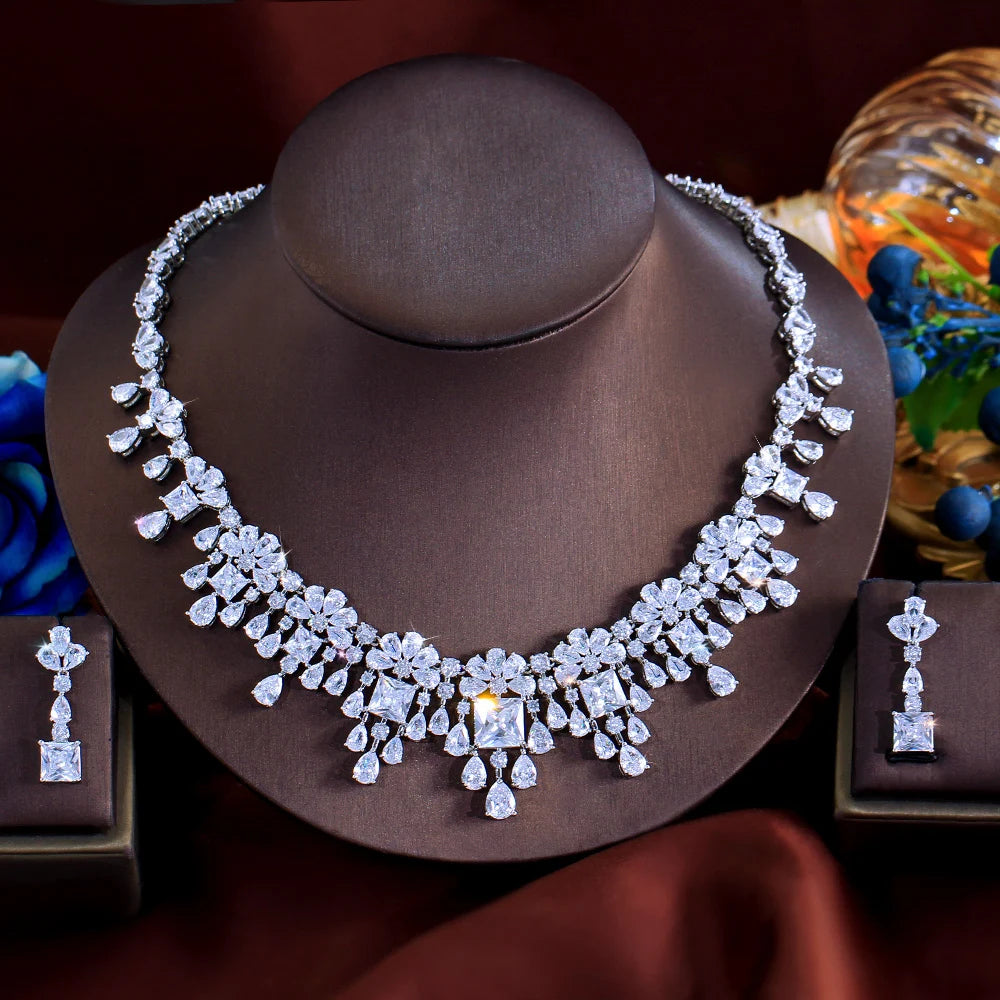 2pcs Necklace Earrings Gorgeous Yellow Square Zirconia Luxury Tassel Water Drop CZ Bridal Wedding Party Jewelry Set for Women