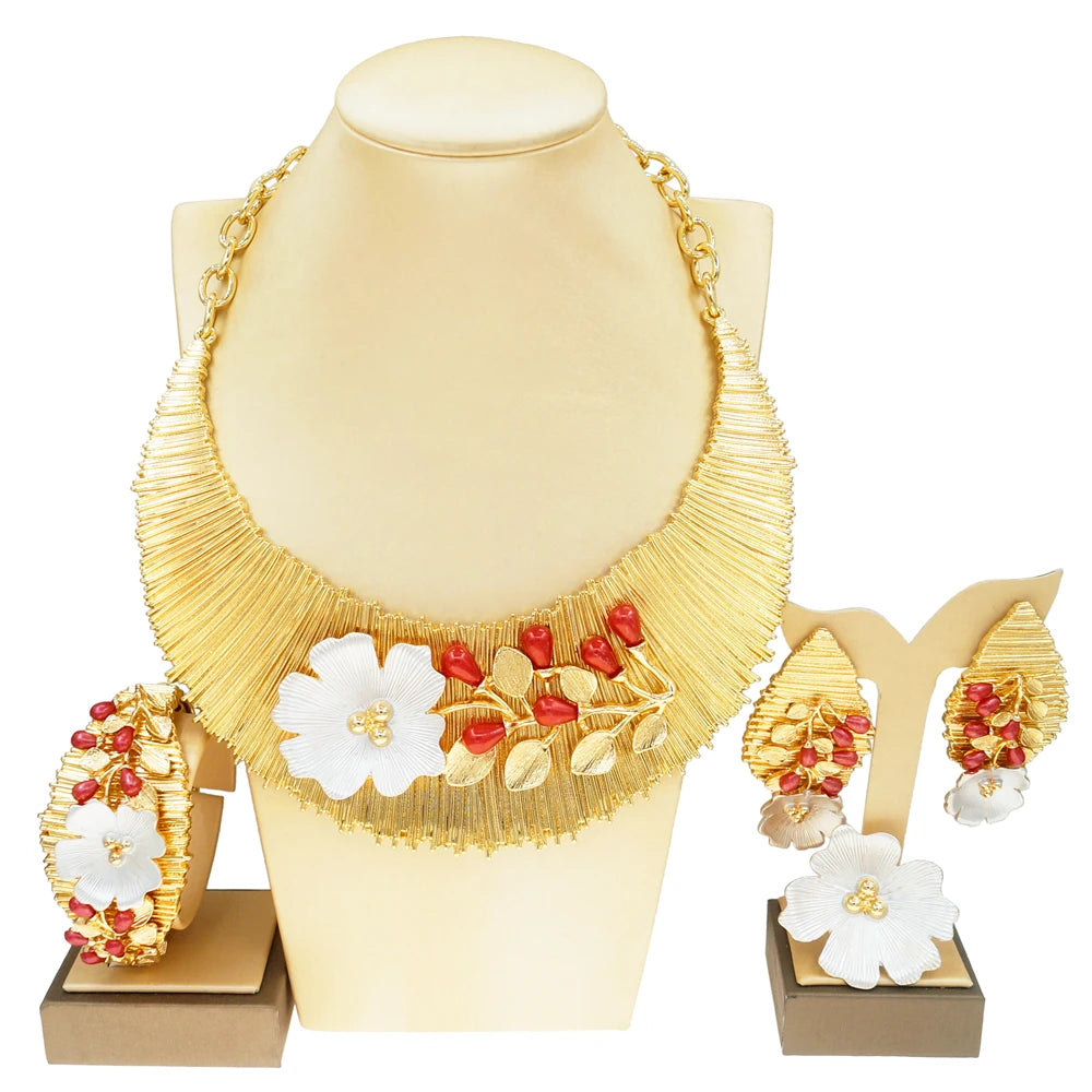 Zhuerrui Italian Big Block Pattern Jewelry Set Copper Real Gold Plated Jewelry Sets Luxury Western Wedding Jewellery Gift H00497
