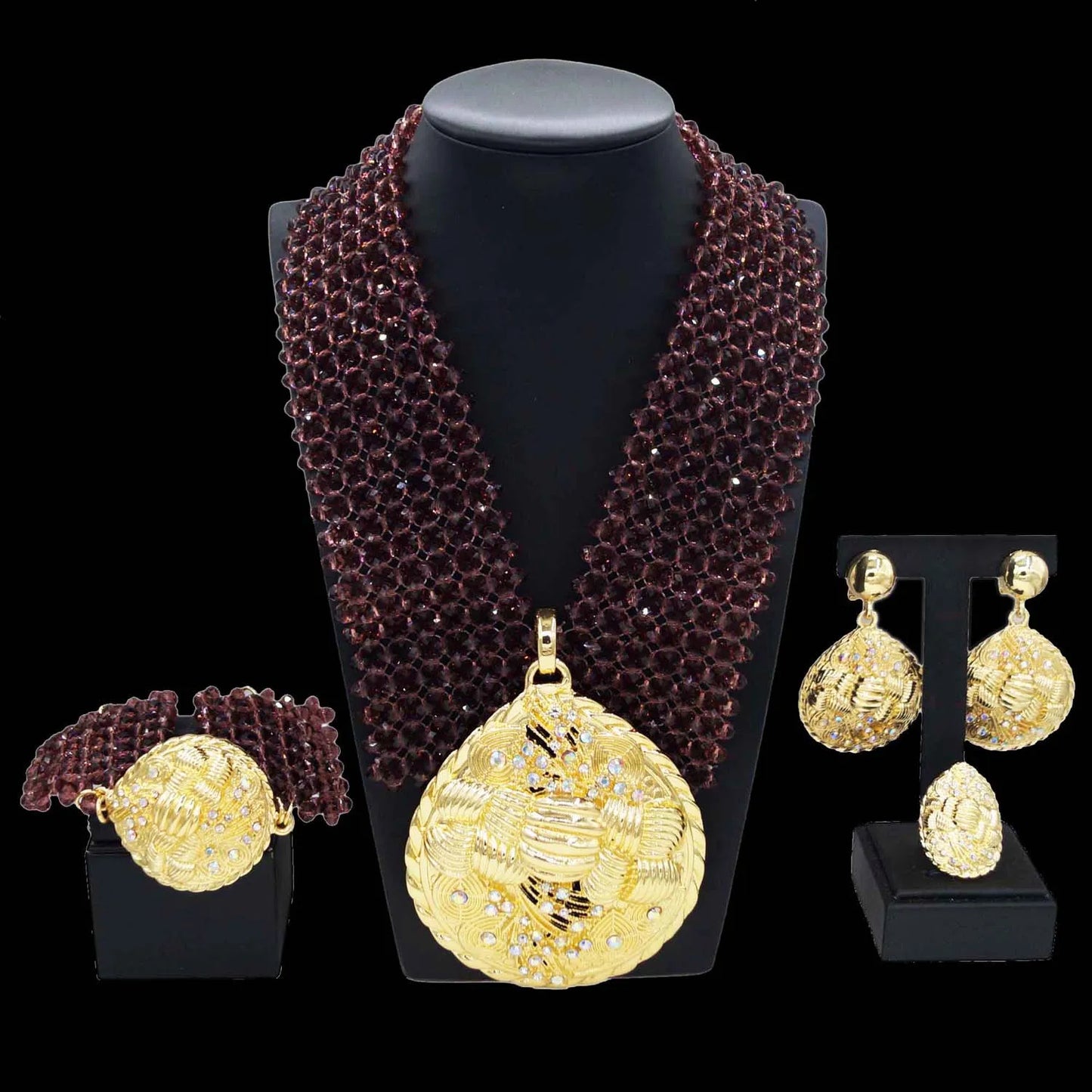Zhuerrui Fashionable Gold Plated Jewelry Sets Wine Red Beads Necklace Jewelry Set Available Women's Birthday Party Gift H40033