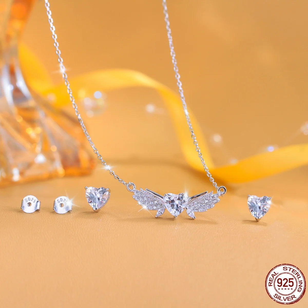 S&S Heart & Feather CZ Pendant & Earrings Set – 925 Sterling Silver – Rhodium Plated – Collection