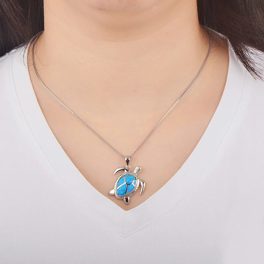 European American Fashion New Opal Big Turtle Necklace Brass Clavicle Chain with Woolen Chain Opal Pendant Jewelry