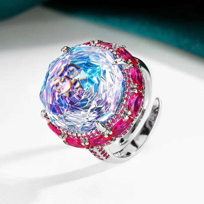 Gemfiori Elegant Colorful Zircon Luxury Jewelry Fashion Necklace Ring Accessories European Rose Pendant Ring Set