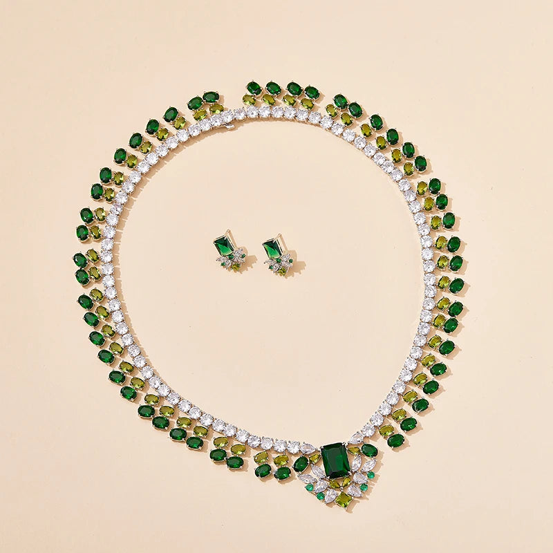 2023 Fashion Premium Jewelry Set Brass Rhodium Plated Green Zircon Jewelry Women's Necklace Earring Set
