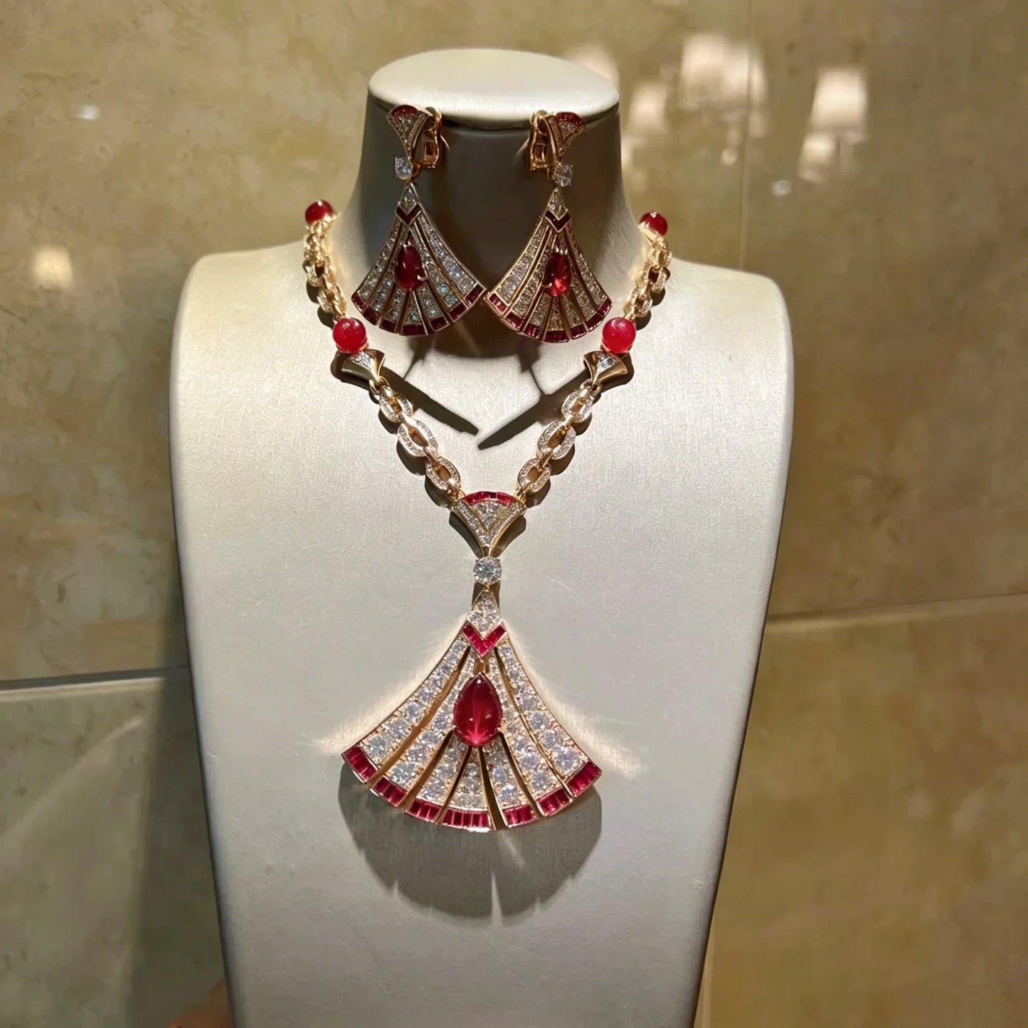 XM S295 Gold Plated Red Cubic Zirconia Fan-Shaped Statement Necklace & Earrings Bridal Set