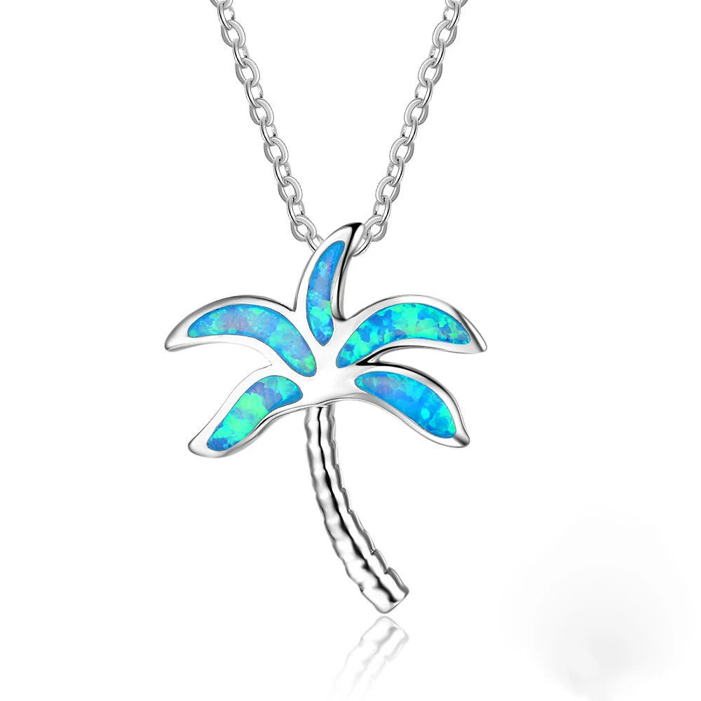 Coconut Palm Silver Plated Copper Alloy Opal Lariat Necklace for Women Aobao