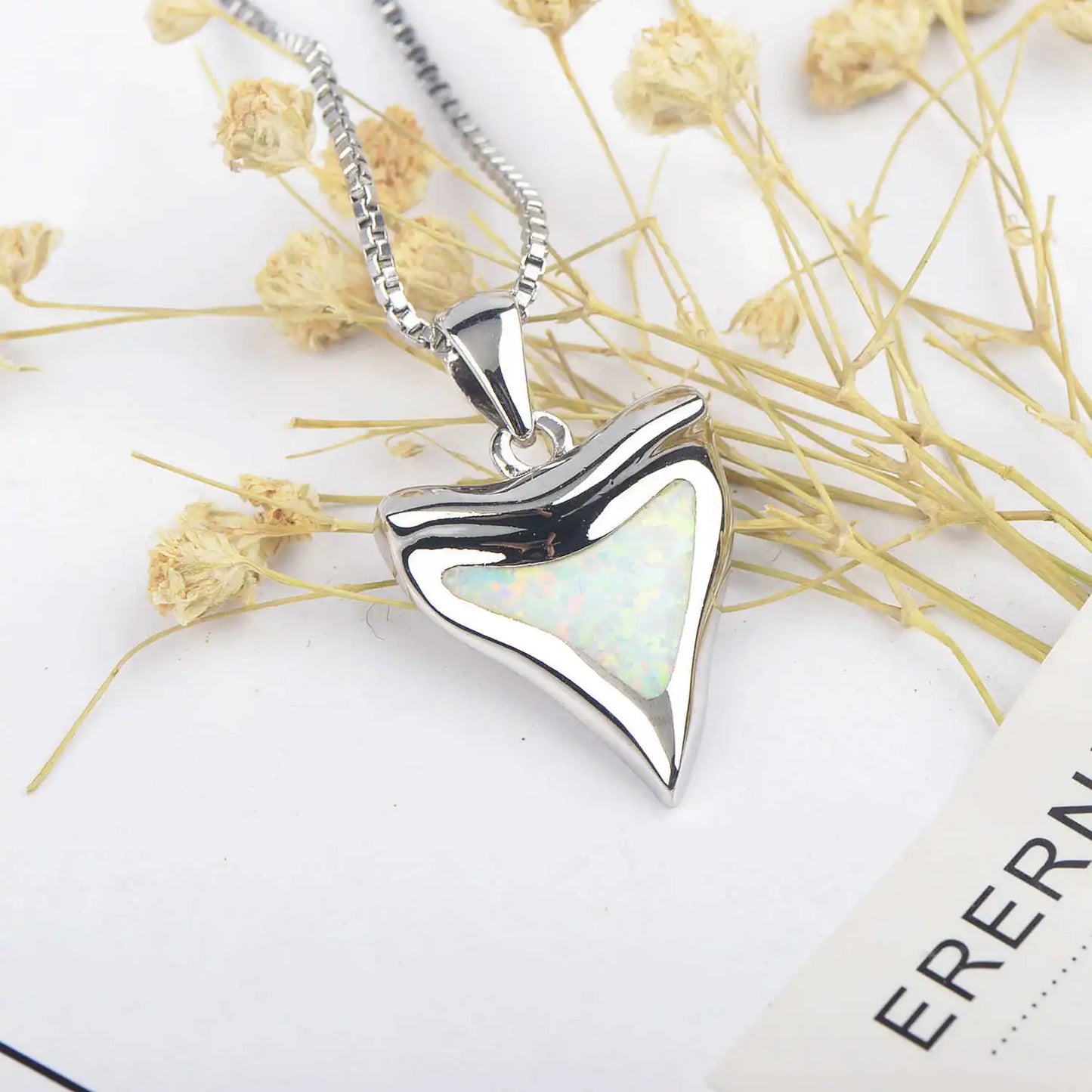 Aobao Christian Copper Box Chain Shark Tooth Necklace Tooth Pendant with Opal Women's Gift