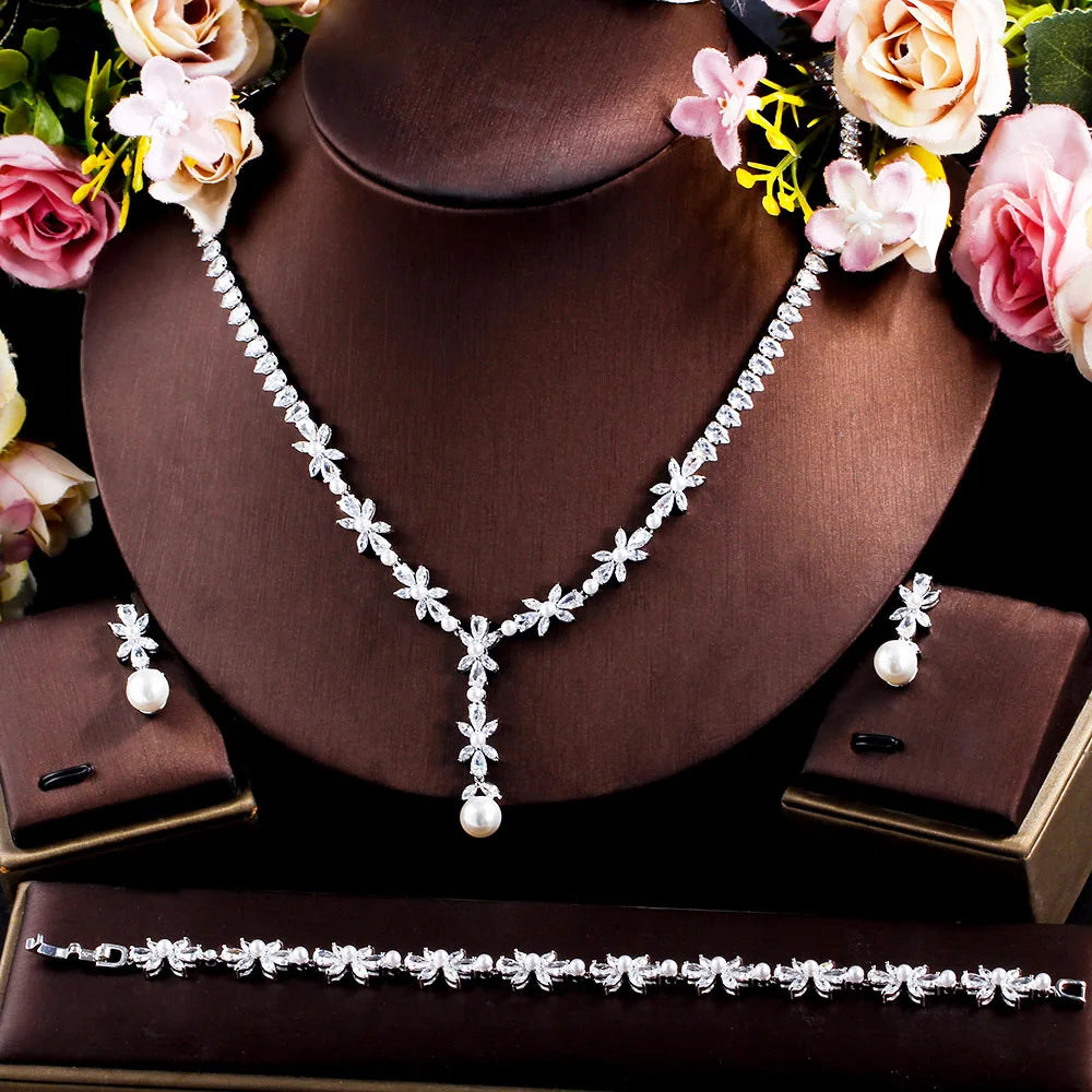 3 Pcs Silver Plated Marquise Cut CZ Crystal Wedding Jewelry Set Flower Pearl Pendants Necklace Bracelet and Earrings for Women