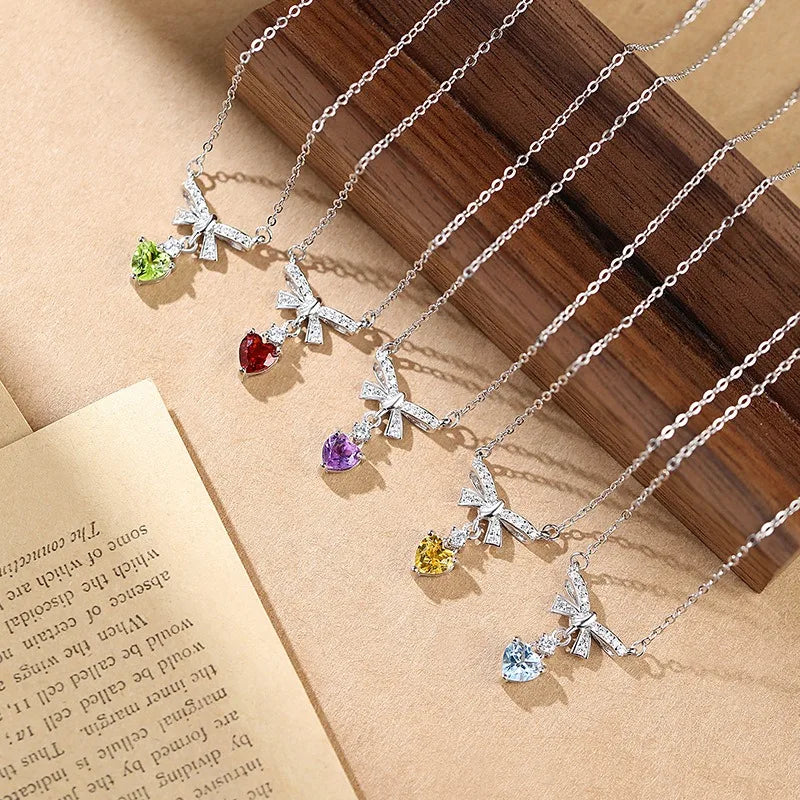 Women 925 Sterling Silver Natural Stone Garnet Necklace Engagement Wedding Bow Knot Heart Pendant Chokers Jewelry Wholesale
