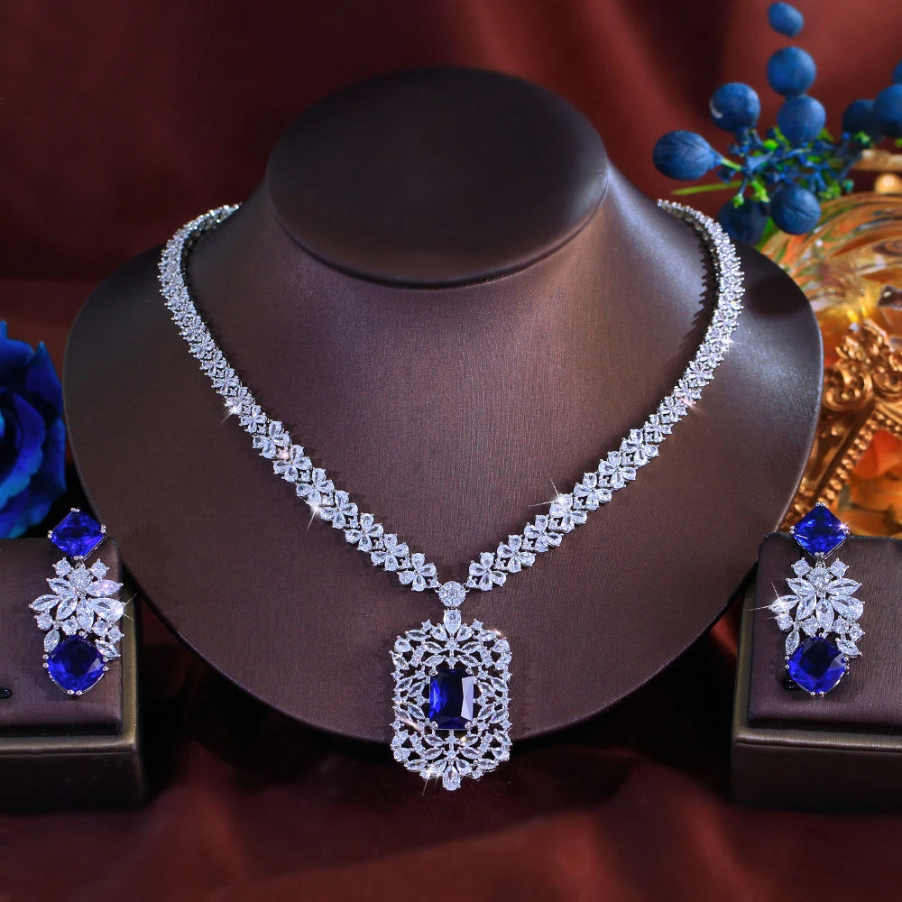 White Gold Color Blue Shiny Cubic Zircon Stone Indian Women Luxury Wedding Necklace and Earrings Costume Jewelry Set for Brides