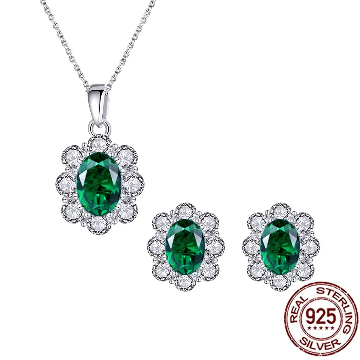 925 Sterling Silver Green Oval CZ Jewelry Set Rhodium Plated Flower Pendant Necklace Stud Earrings Bridal Wedding Engagement
