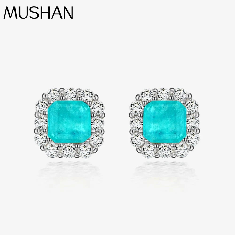 MUSHAN Jewelry Factory Hot Selling 925 Silver 2 Carat Synthetic Paraiba 7*7 Earrings Luxurious and Studded With Diamonds