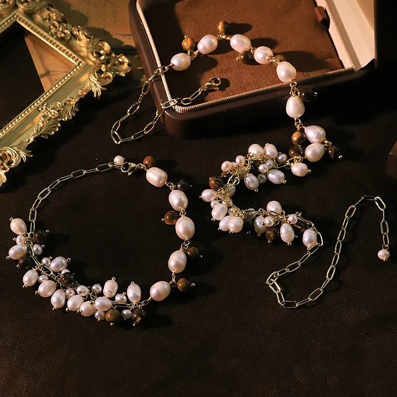 Natural Pearl Tiger Eye Stone Chain Bracelet Necklace Set Luxurious Design Jewelry Set for Banquet Gifts for Women GS0222