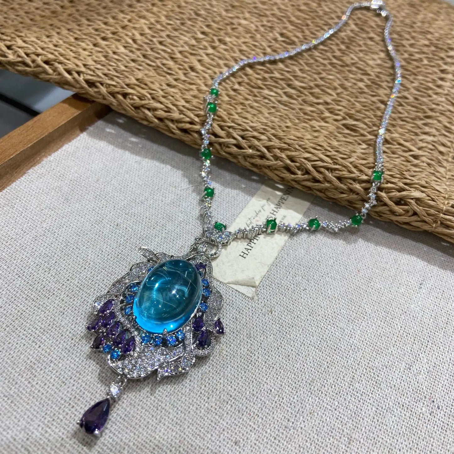 Vintage Blue Aqua Oval Cabochon & Purple Zirconia Pendant Necklace — Rhodium Plated