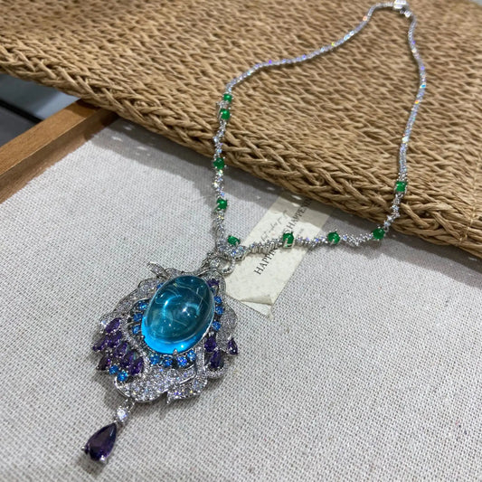 Vintage Blue Aqua Oval Cabochon & Purple Zirconia Pendant Necklace — Rhodium Plated