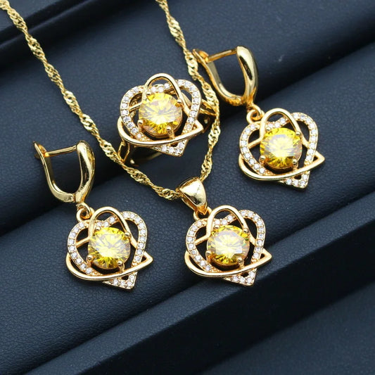Gold Plated Zirconia Heart Design Bridal Sets for Women Includes Earrings Pendant Necklace Ring for Wedding Party Made Alloy
