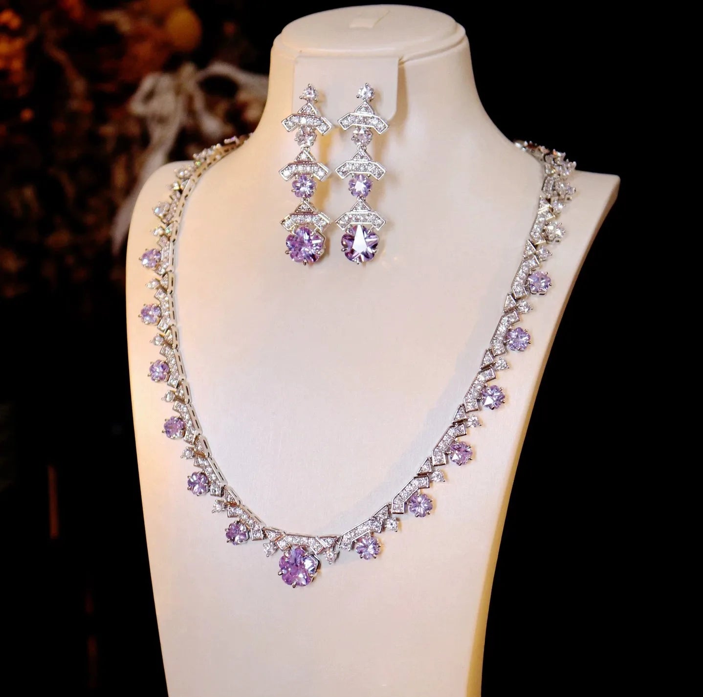 Luxury Cushion-Cut Purple Zirconia Floral Statement Necklace & Drop Earrings Bridal Set — Silver Plated