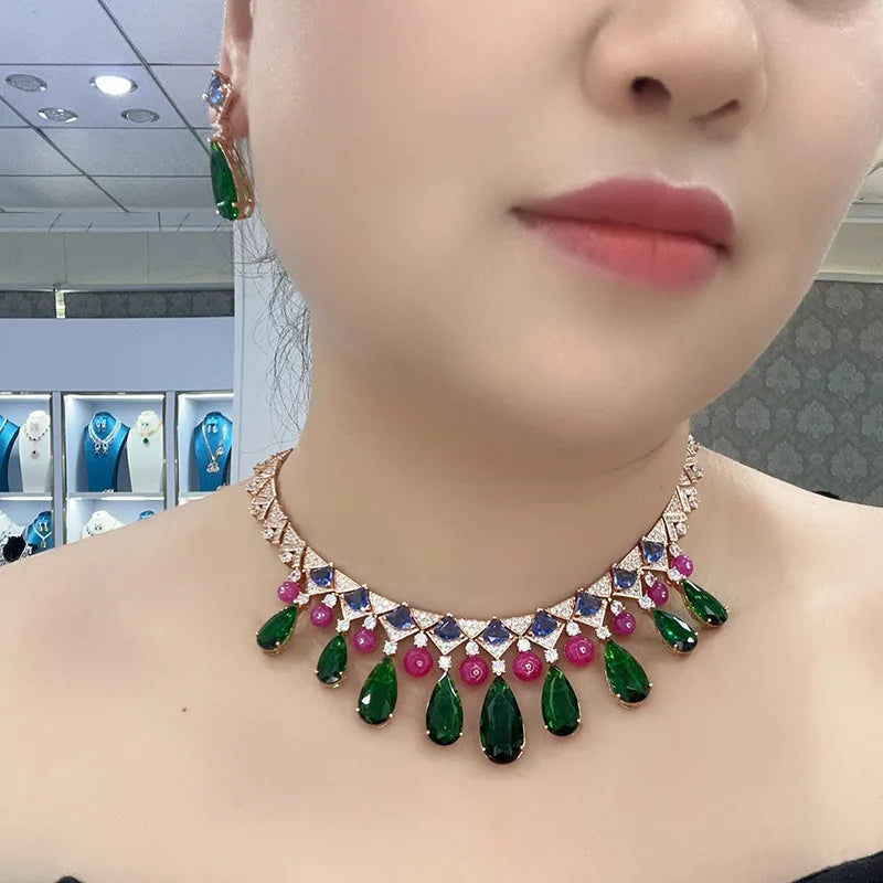 African Bridal Cubic Zirconia Statement Necklace & Earrings Set — Silver & Rose Gold
