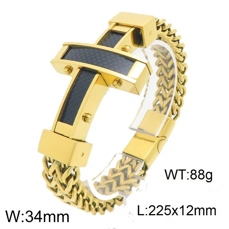 Kalen Hip-hop Luxury Unique Carbon Fiber Cross Double-Sided Chain Bracelet Magnetic Clasp Stainless Steel Men's Bracelet
