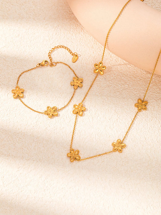 Hot Sell Fashion Stainless Steel Gold Flower Necklace and Bracelet Set Women Gold Jewelry Set