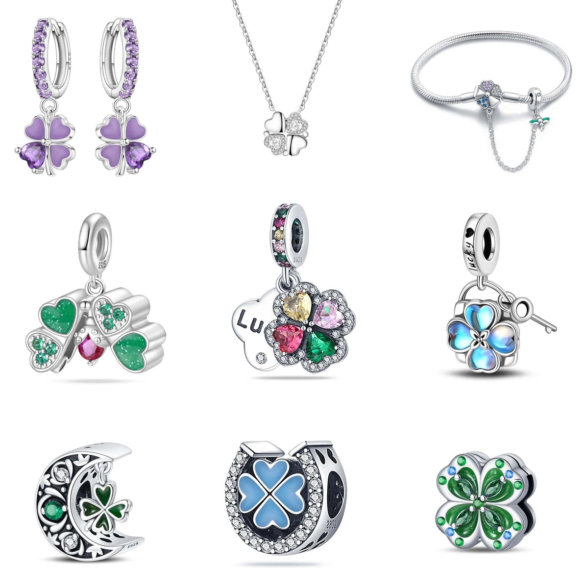 S&S Four Leaf Clover Zircon & Enamel 925 Silver Jewellery | Rings, Earrings, Bracelet & Pendant | S&S Collection