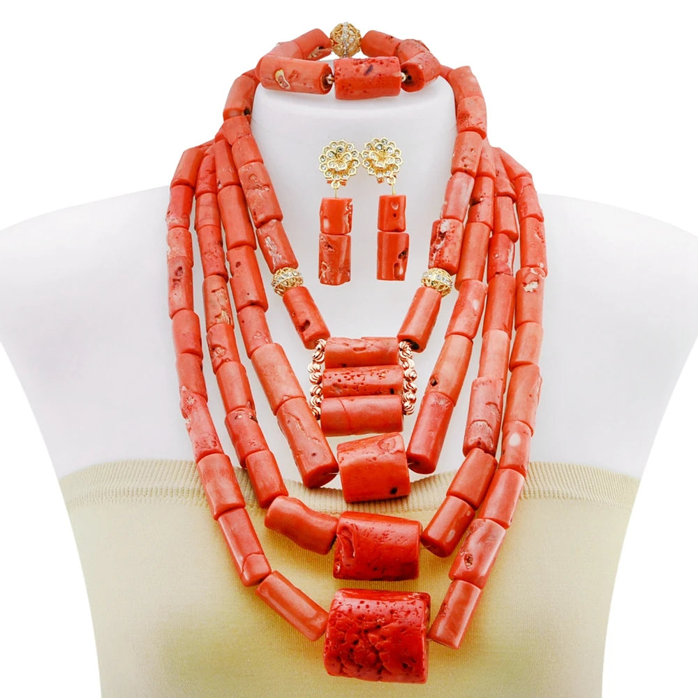 Zhuerrui Exquisite Gold Plated Women's Wedding Party Jewelry Accessories Natural Red Coral Bead Necklace Set YL408