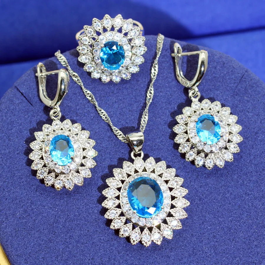 XOTICA Classics 925 Silver Jewelry Set for Women Sky Blue Zirconia & Emerald for Wedding Party or Date