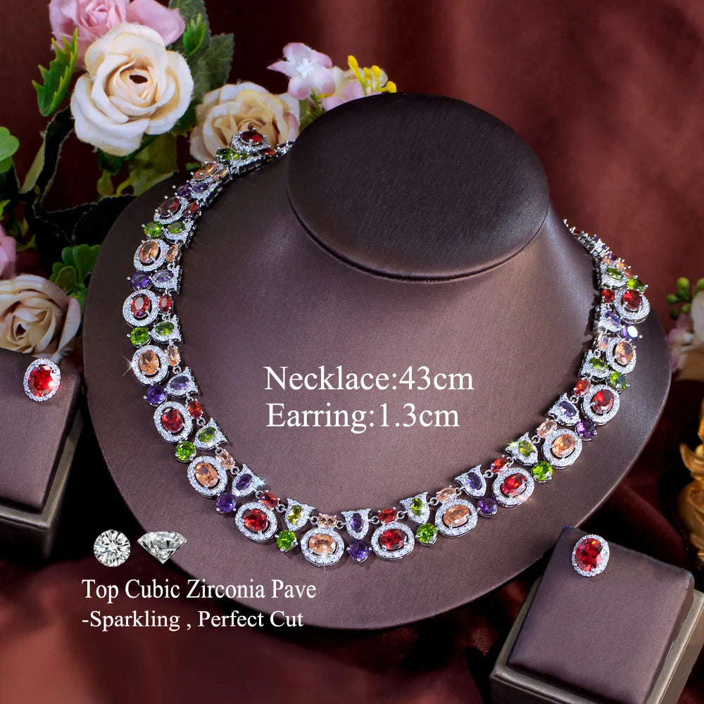 Gorgeous Necklace and Earrings Oval Cut Cubic Zirconia Stone Colorful Jewelry Set for Women Party Anniversary Dress Accessories