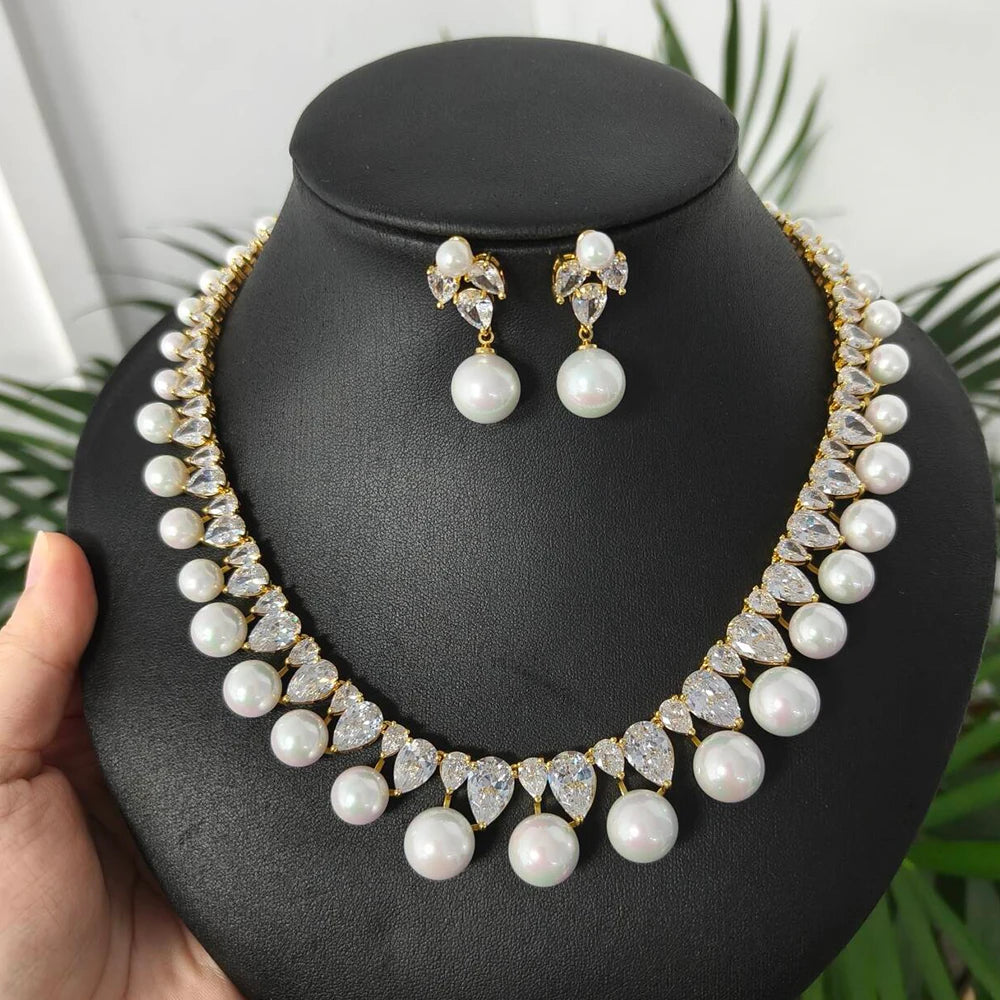 Bling Cubic Zirconia Big Simulated Pearl Necklace and Earrings Bridal Luxury Jewelry Set for Women Wedding Engagement Accessory