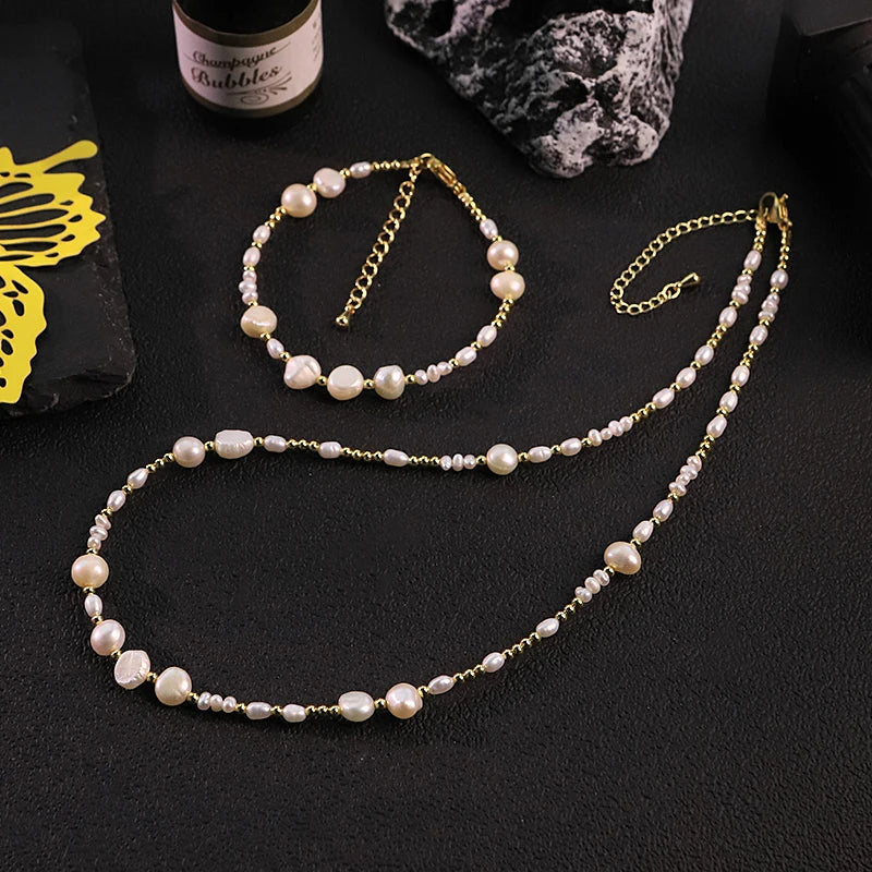 GLSEEVO Natural Freshwater Pearl Jewelry Set for Women Daily Wear Dainty Pearl  Necklace  Bracelet 2-Piece Set Fashion Jewelry