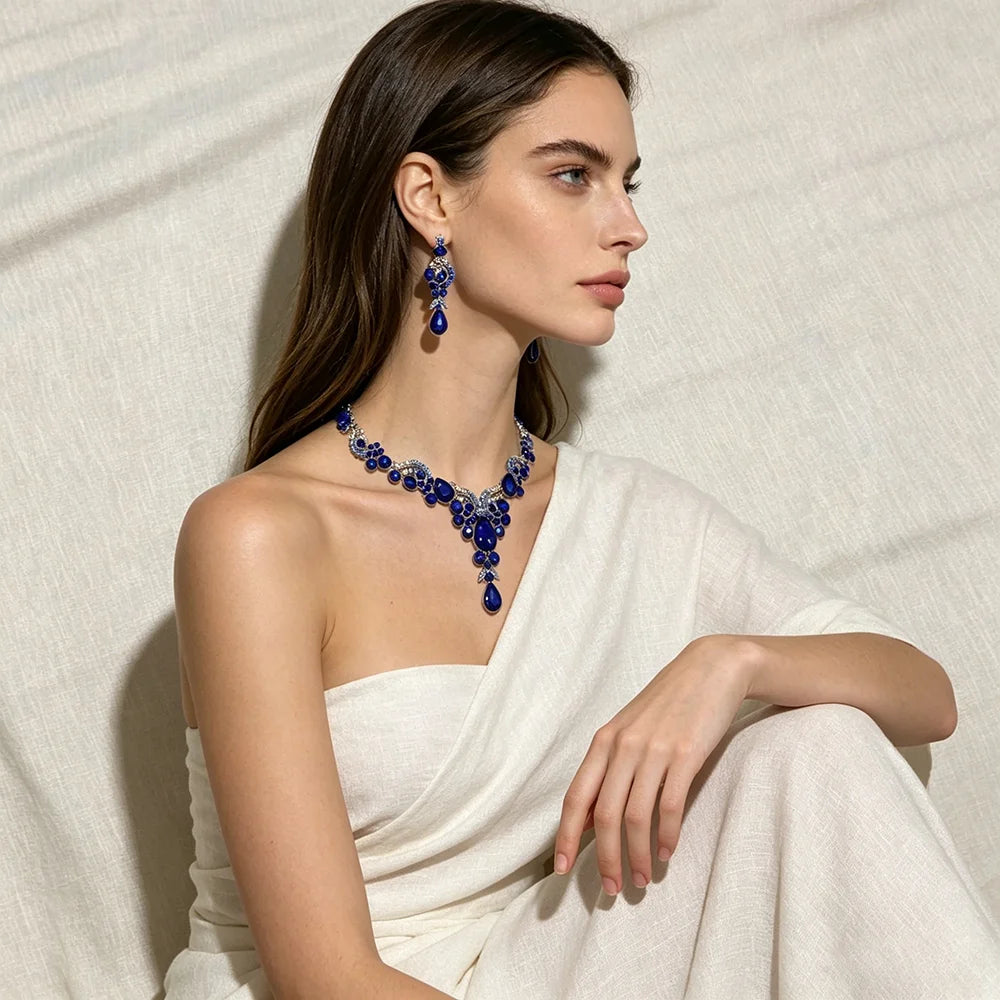 XM S386 Silver Plated Royal Blue Sapphire Marquise Teardrop Pendant Necklace & Drop Earrings Set