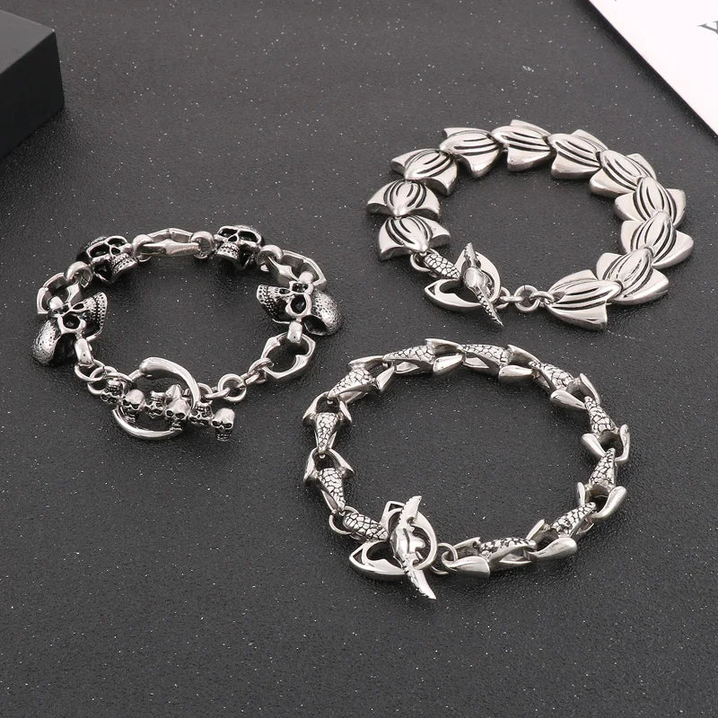 KALEN 200/210mm Men Punk Stainless Steel Skull/Fish Fin Links Bracelet