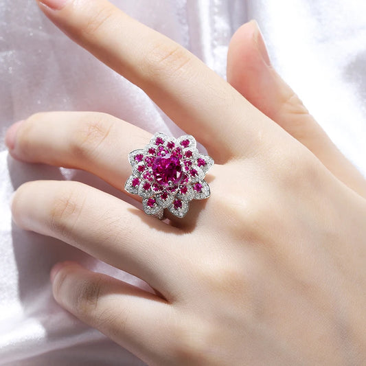 Gemfiori Luxury Women Large Gemstone Vintage Exaggerated Flower Red Corundum Ruby S925 Silver Ring