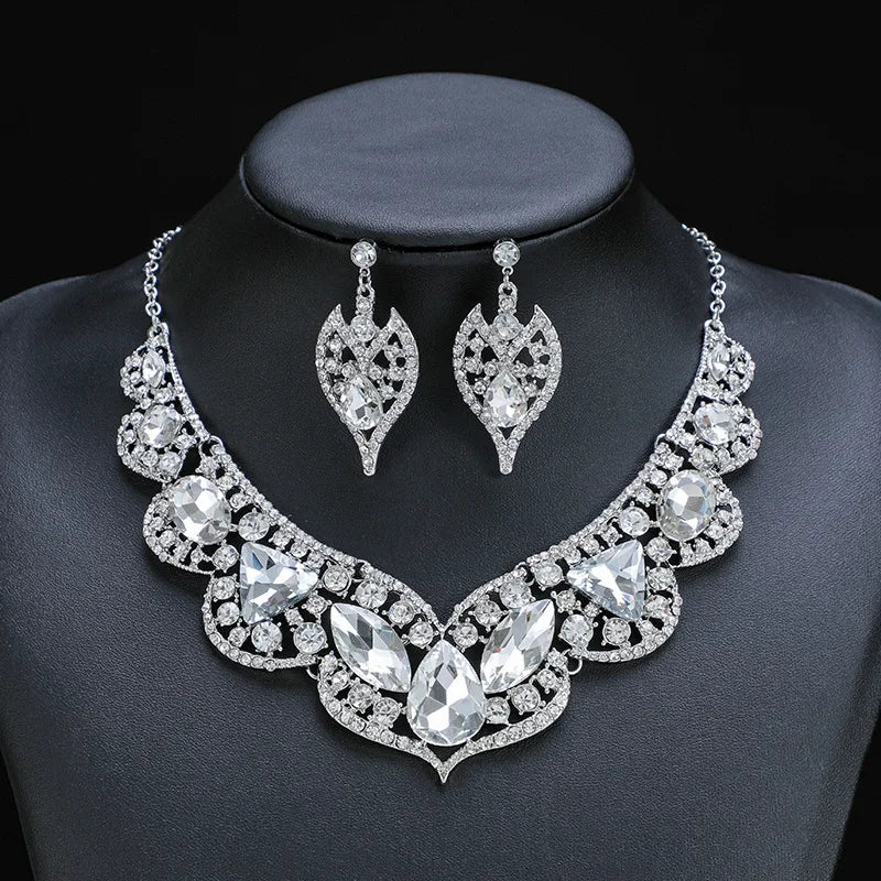 Austrian Crystal Marquise Flower Necklace & Earrings Jewellery Set | Bridal Banquet Fashion Set