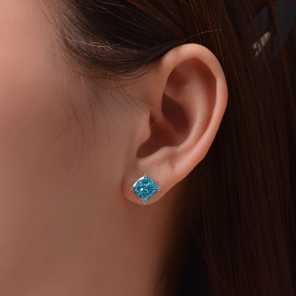 MUSHAN Jewelry Factory 925 Silver 1.5ct Sea Blue 7*7 High Carbon Diamond Stud Earrings Classic 18K Gold Plated Engagement