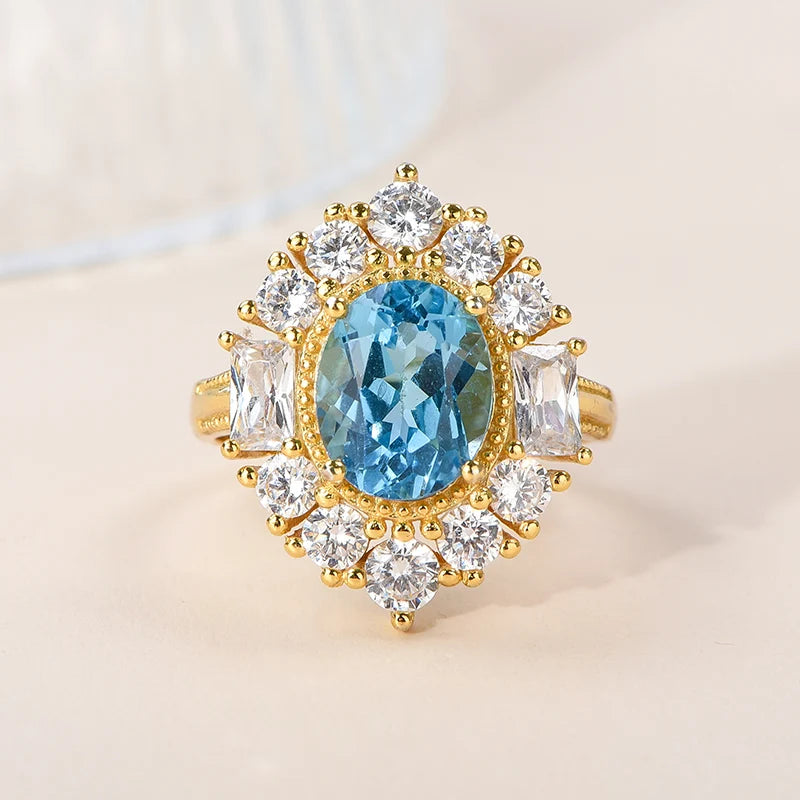 Gioiellieri Natural Blue Topaz Ring with Oval Cut Blue Gemstone for Vintage Style Jewelry in 925 Sterling Silver for Her Anniversary