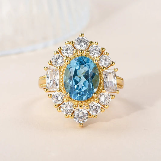 Gioiellieri Natural Blue Topaz Ring with Oval Cut Blue Gemstone for Vintage Style Jewelry in 925 Sterling Silver for Her Anniversary
