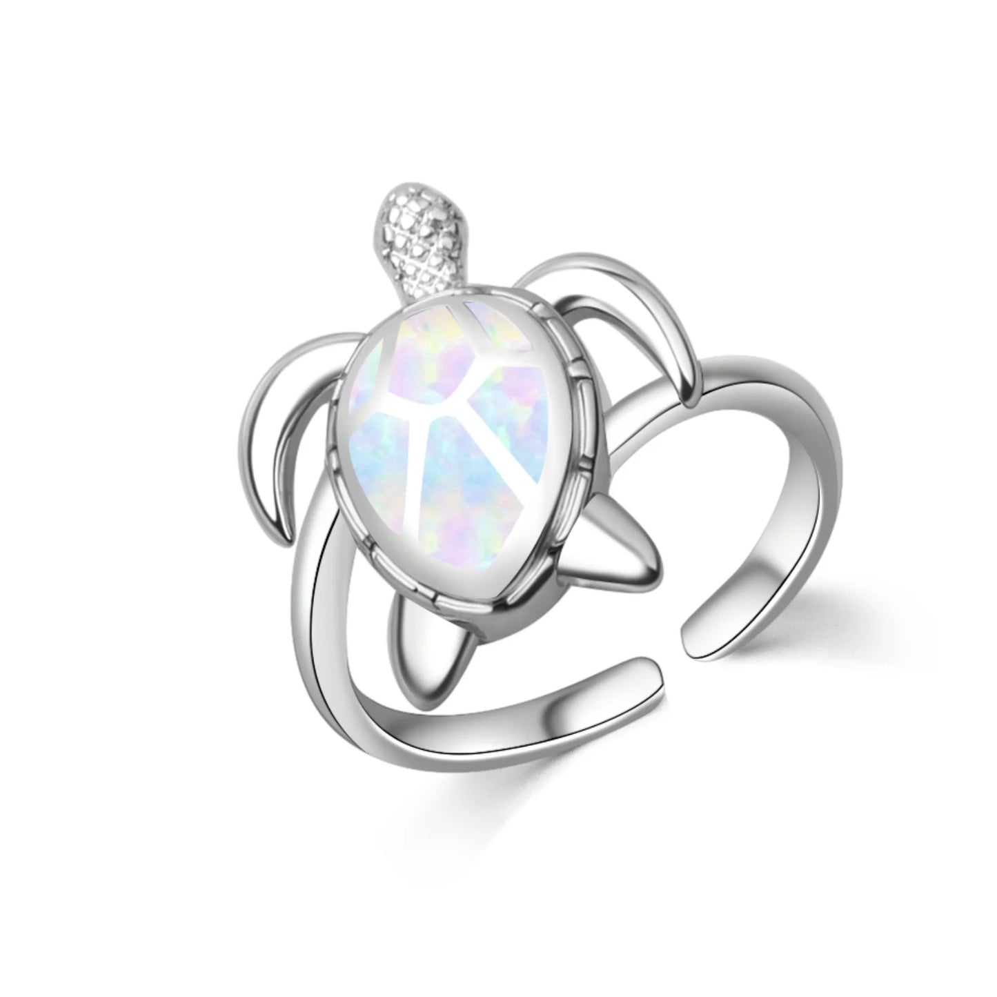 3D Sea Turtle Opal Open Ring | Blue Iridescent Gem & Zircon Accent | Stainless Steel Animal Jewelry for Women Trendy Style