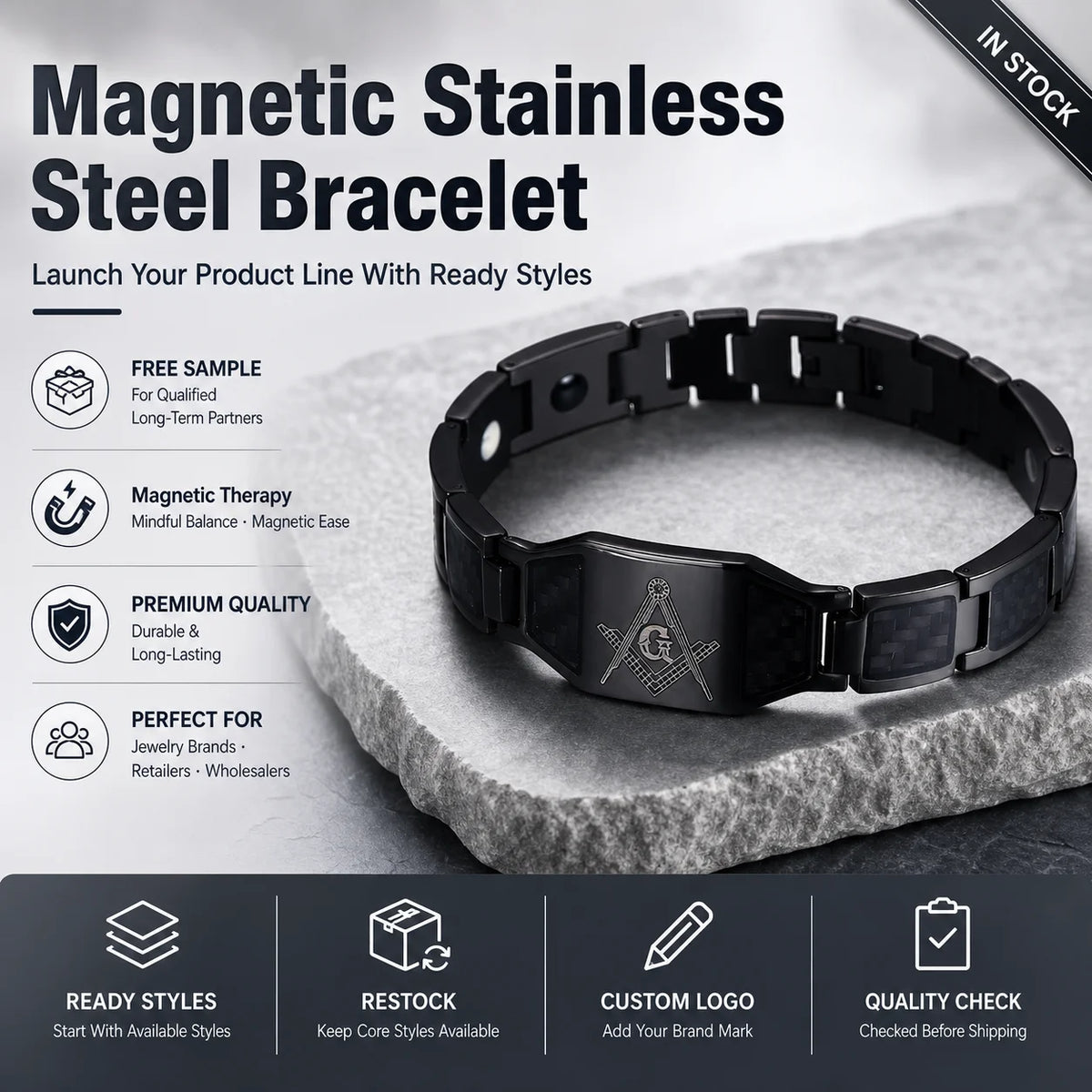 REBEL Black Stainless Steel Magnetic Therapy Link Bracelet with Carbon Fiber Inlay and Masonic Square & Compass Engraved Plate for Men