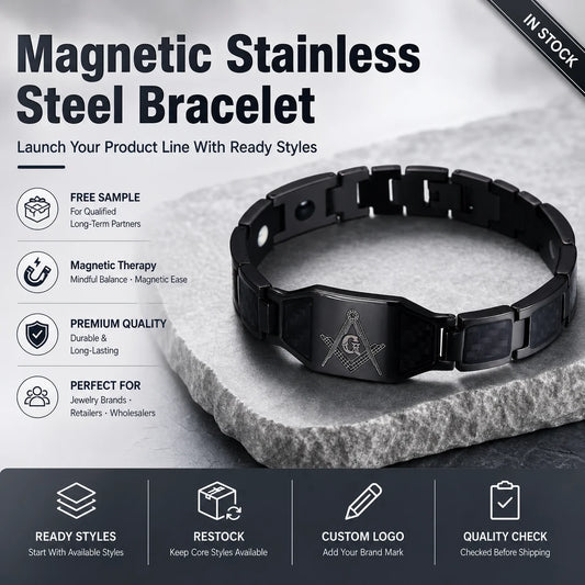 REBEL Black Stainless Steel Magnetic Therapy Link Bracelet with Carbon Fiber Inlay and Masonic Square & Compass Engraved Plate for Men