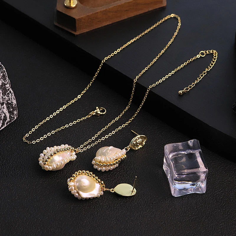 GLSEEVO Natural Baroque Pearl Jewelry Set | Necklace & Earrings | GS0238 | SASSARRI Collection